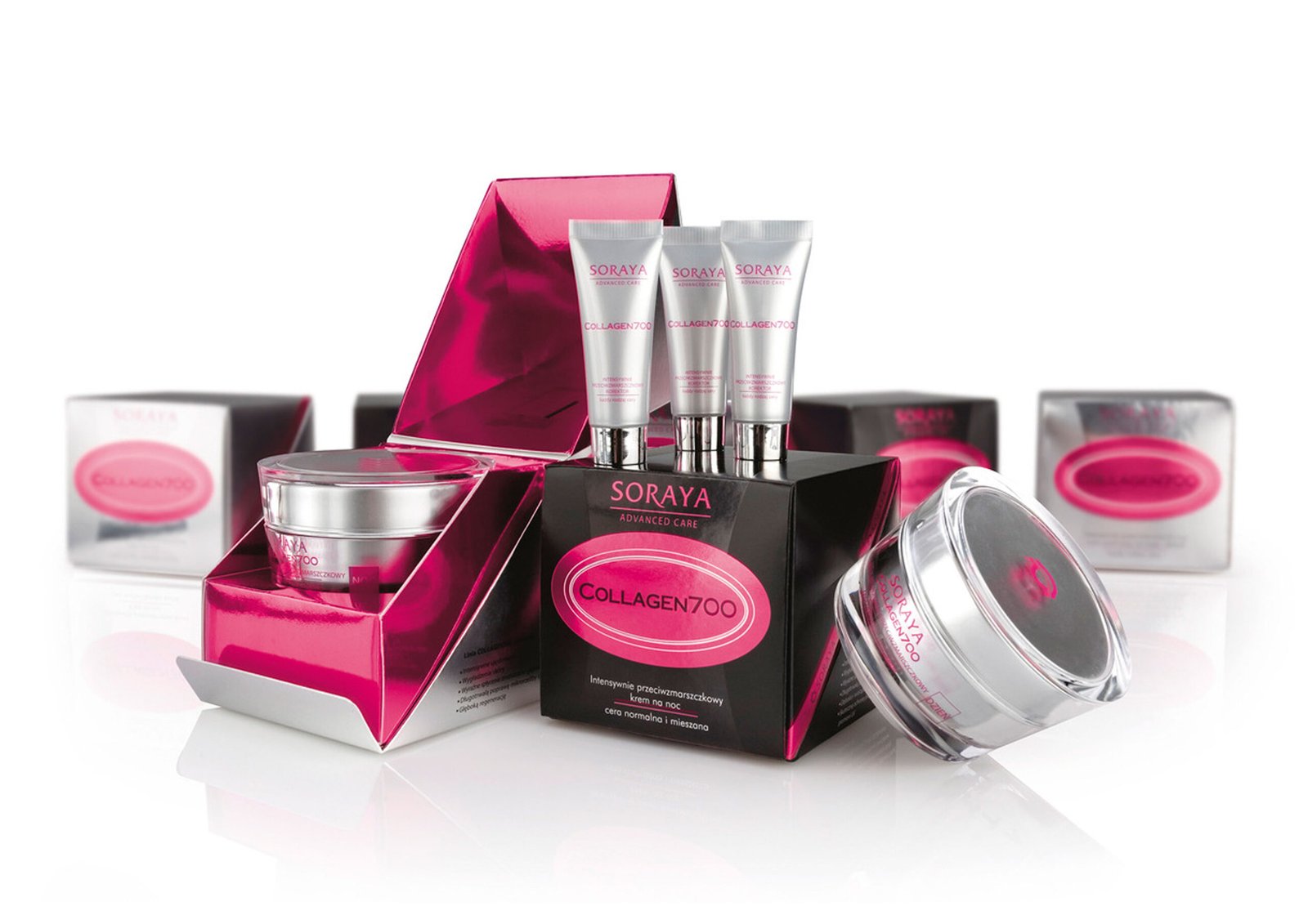 Projekt opakowania Soraya Collagen 700 w czerni, srebrze i różu
