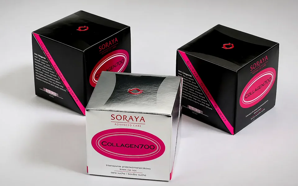 Czarne i srebrne pudełka Soraya Collagen 700 z różowymi detalami
